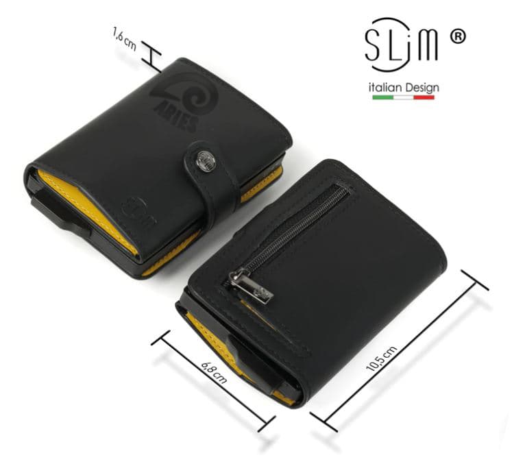 PORTA CARTE ARIES IN VERA PELLE NERO E GIALLO CON ZIP PORTA MONETE
